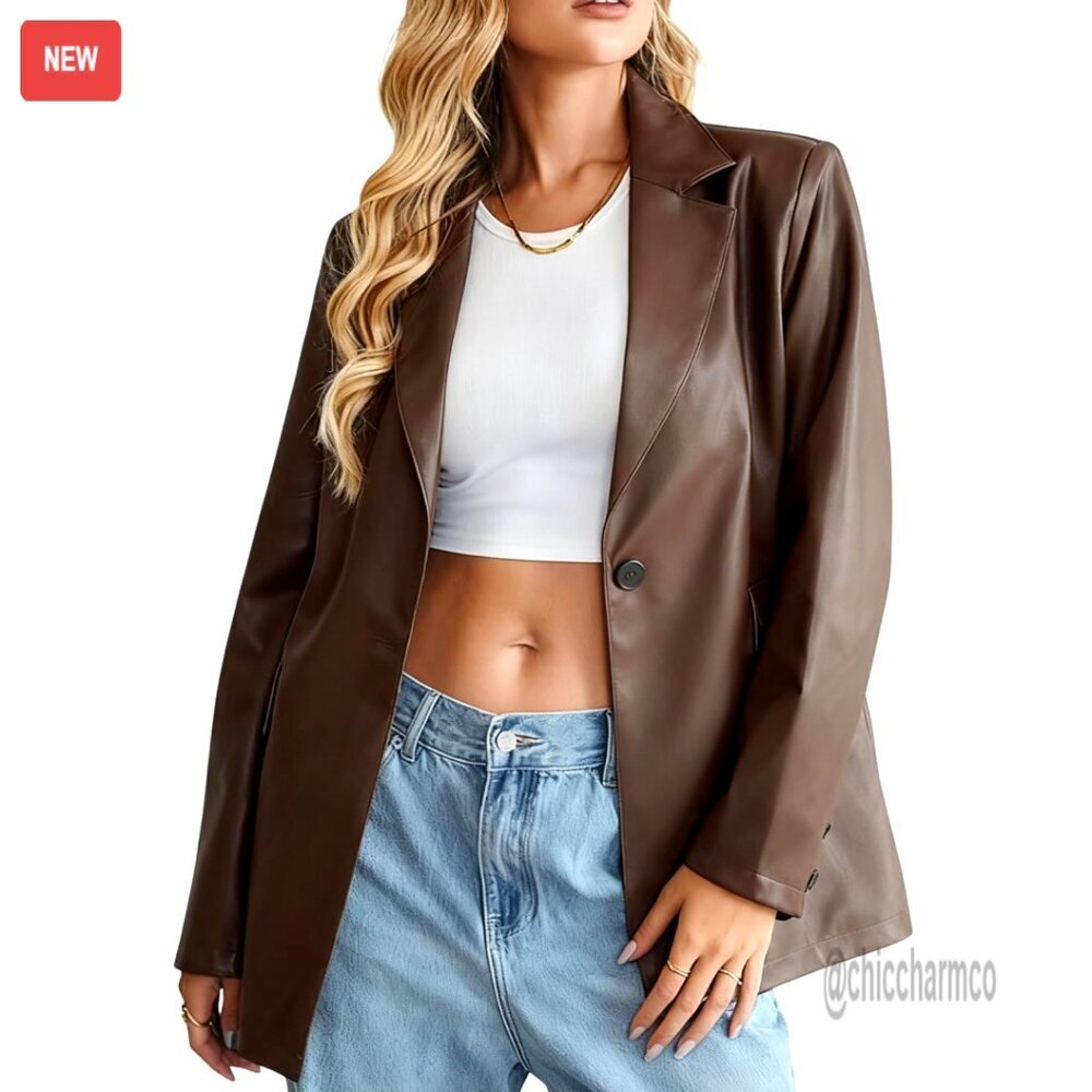 Faux Leather Blazer Jacket Moto Biker Coat Smart Casual Slim Fit Long Sleeves
